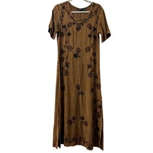 VTG MPH Maxi Dress S Brown Embroidered Tie Waist Whimsigoth Boho Festival Grunge